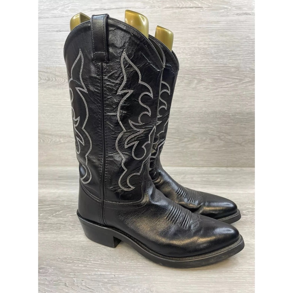 Old West TBM3010 Men's Western‎ Boots Black Leather 9.5 Cowboy Pull On Rodeo